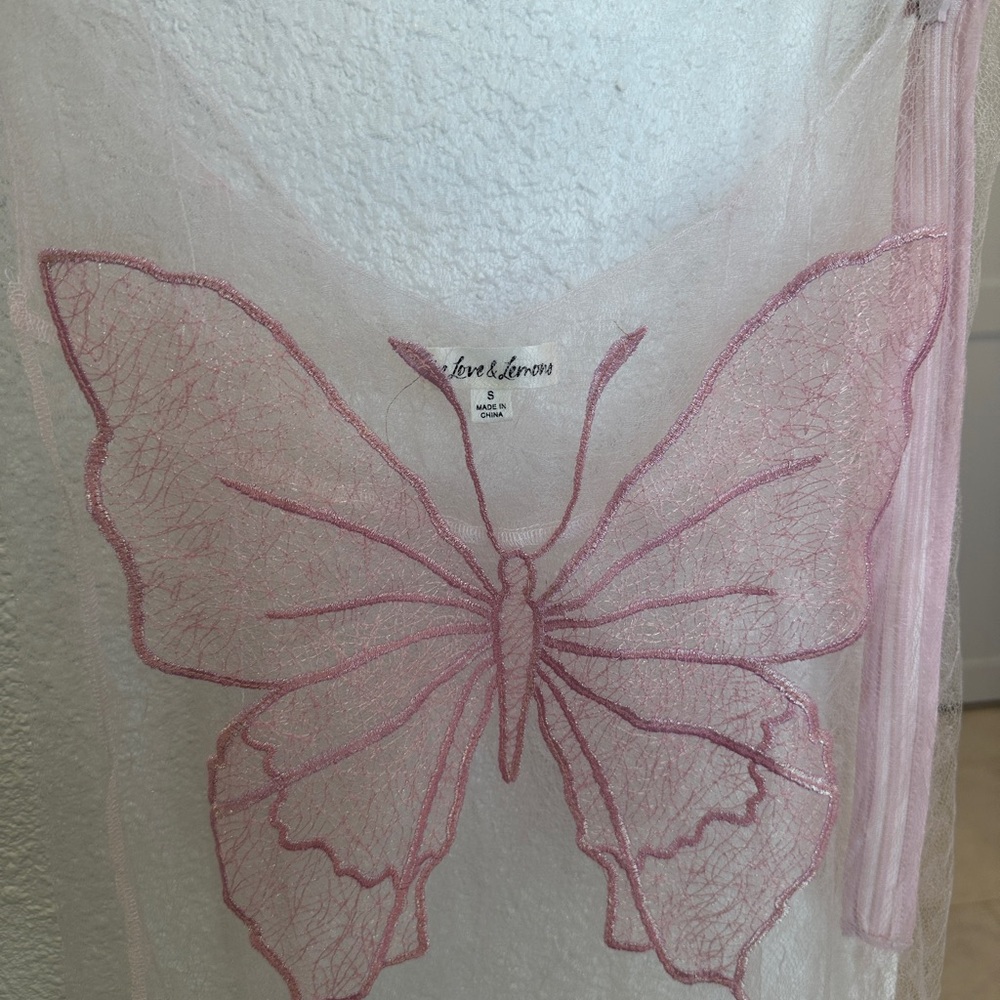 For Love And Lemons Sheer White Dress with Pink Butterfly Design - Picture 2 of 2